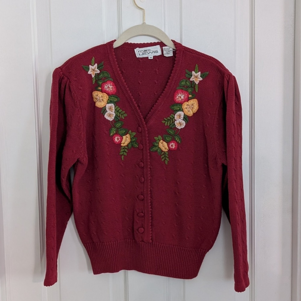 Vintage Marc Lewis Embroidered Floral Sweater MEDIUM Cottagecore Preppy Holidays
